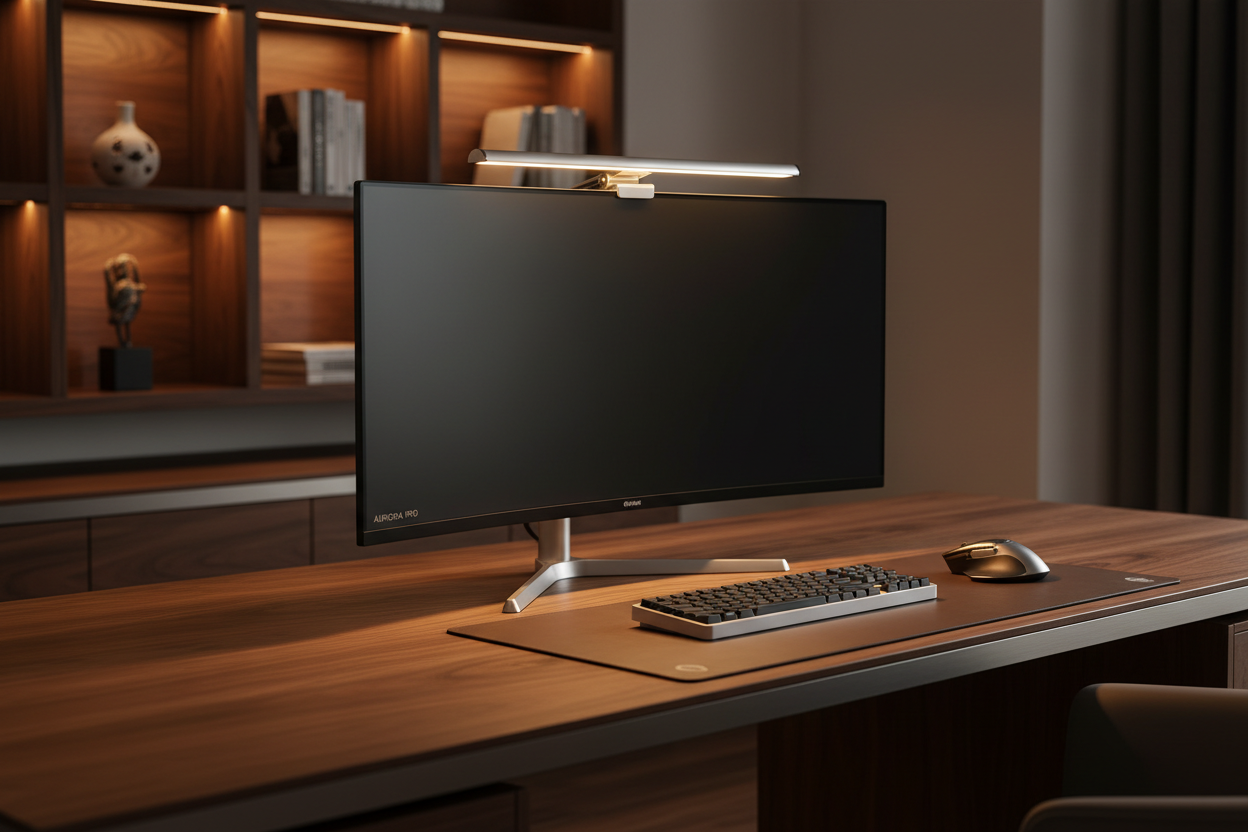 LuxiDesk Clip — Lampe d'écran LED 30cm en situation sur setup bureau, éclairage parfait sans reflet