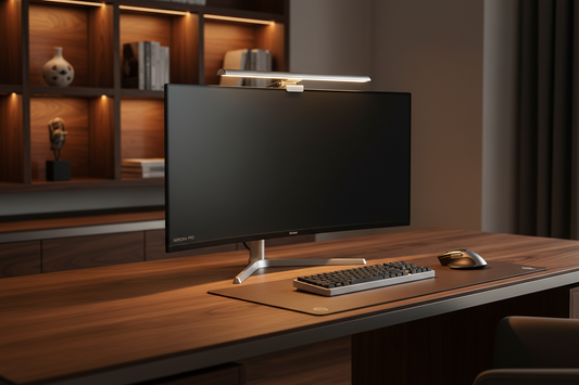 LuxiDesk Clip — Lampe d'écran LED 30cm en situation sur setup bureau, éclairage parfait sans reflet