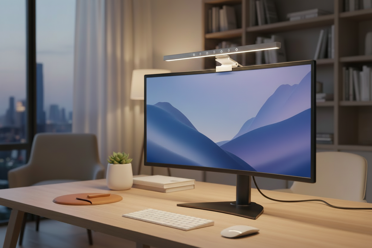 LuxiDesk Clip Pro en situation — Setup home office haut de gamme avec lampe d'écran LED optimale