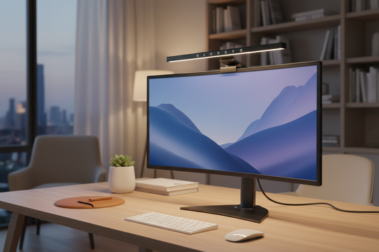 LuxiDesk Clip Pro — Lampe d'écran LED 50cm premium aluminium sur bureau home office, télécommande incluse